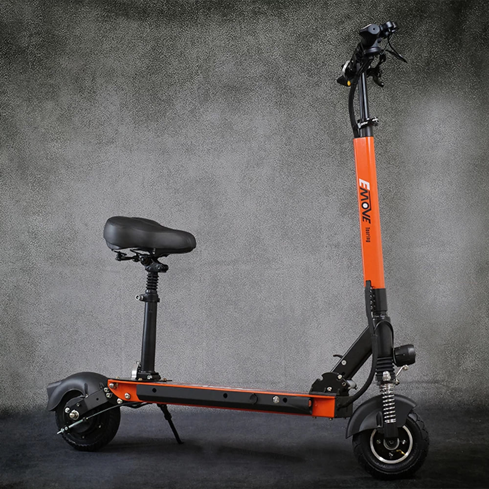 EMOVE Touring electric scooter with padded seat installed, side profile view showing the complete seat kit attached to the deck.