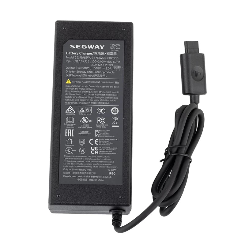 Segway NBW58D02D0D charger label showing 57.8V 2A output specifications