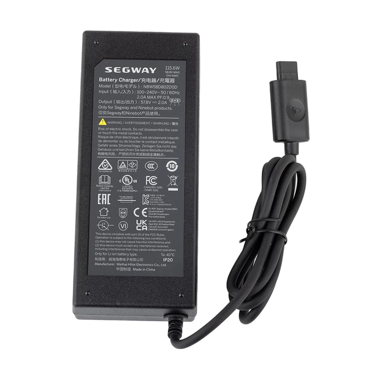 Segway NBW58D02D0D charger label showing 57.8V 2A output specifications