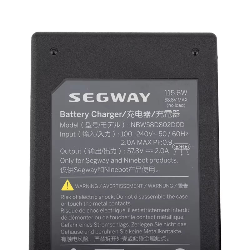 Close-up view of the Segway GT Series charger specification plate