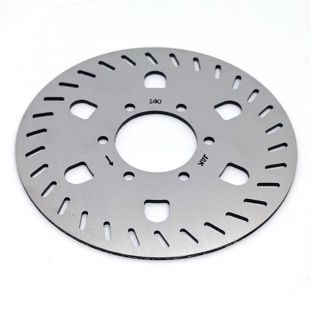 Angled view of the Genuine Segway GT1 GT2 140mm stainless steel OEM disc brake rotor showing directional arrow for correct fitment. 