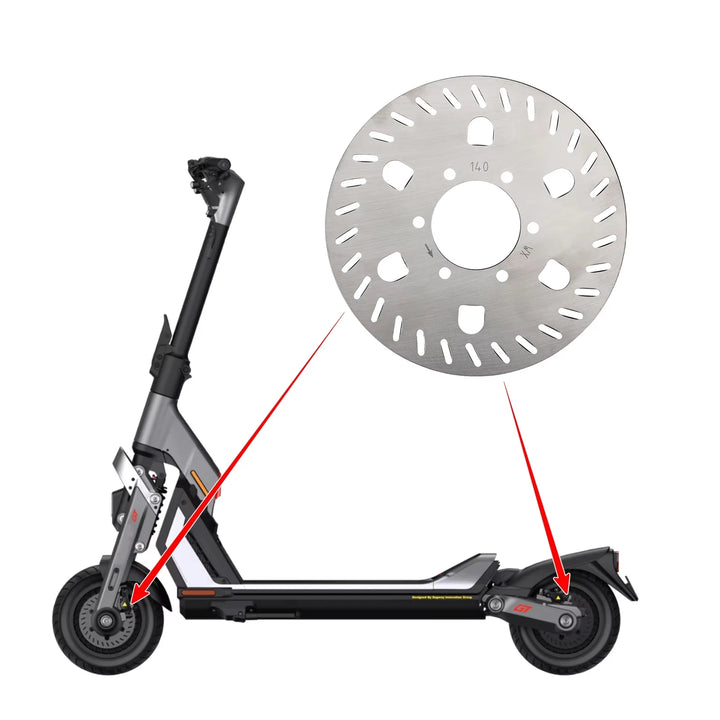 Genuine Segway GT1 GT2 140mm stainless steel OEM disc brake rotor showing placement on Segway GT1 or GT2