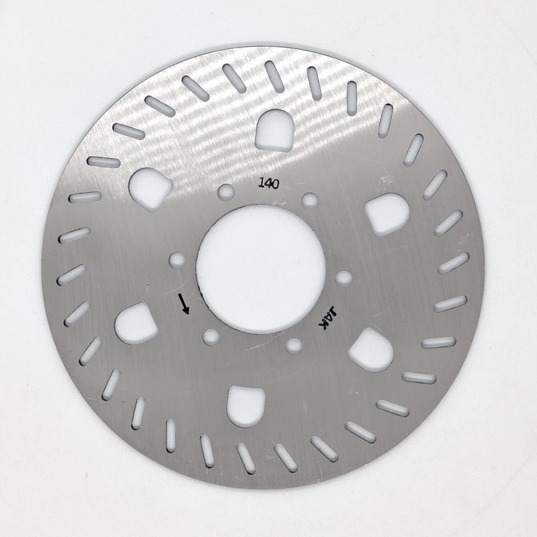 Top view of the genuine OEM Segway GT1 GT2 140mm stainless steel disc brake rotor showing 140mm sizing, directional arrow for correct fitment and precision laser-cut cooling slots.