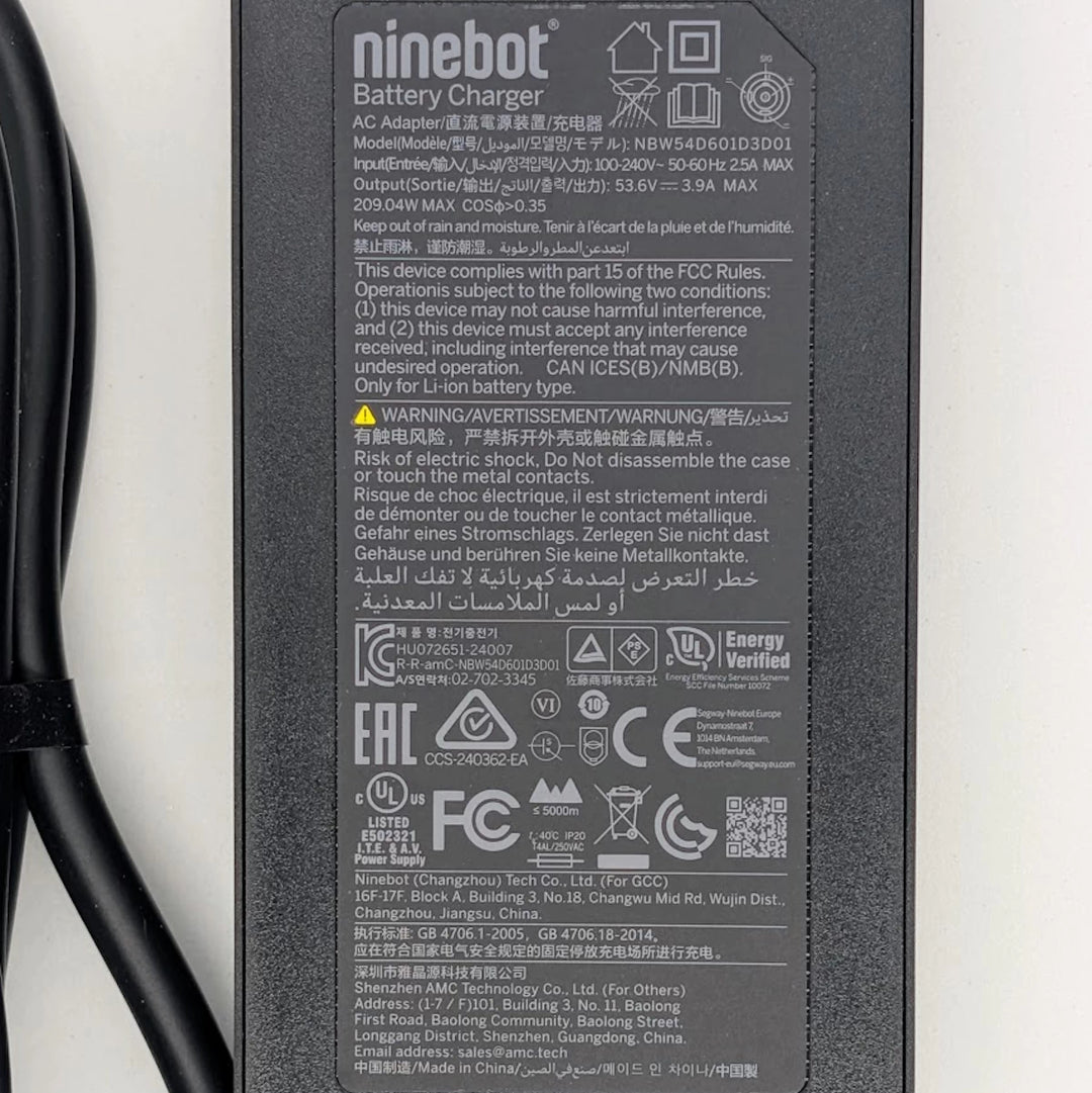 Segway Ninebot charger rear label and certifications