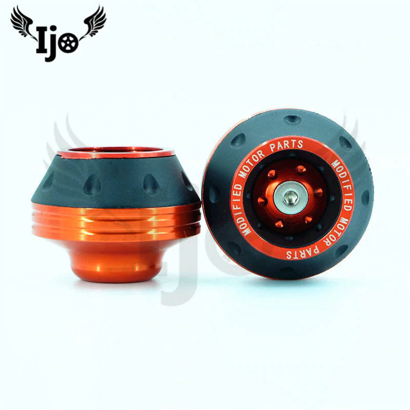 Orange scooter sliders with anodized aluminum finish, ready to install on electric scooters for rear wheel safety.