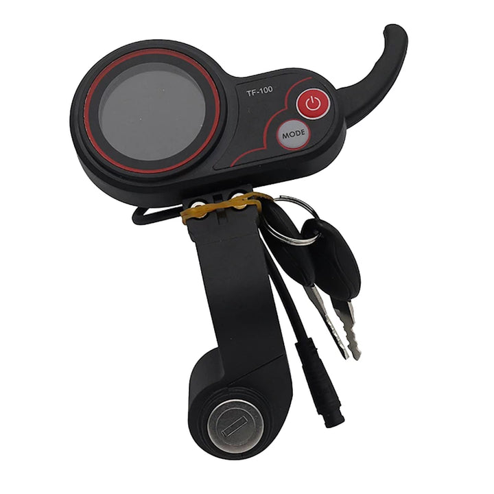 TF-100 LCD trigger throttle with integrated lock key ignition and two keys, front view with cable and keys attached
