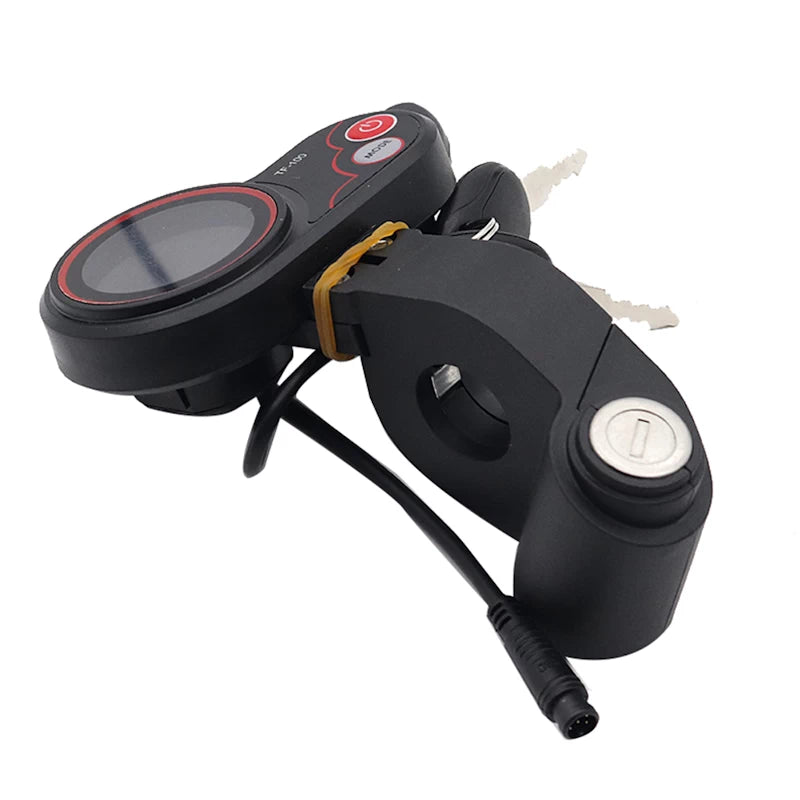 Side angle of TF-100 LCD throttle showing thumb throttle lever, ignition lock, keys, and 6-pin connector cable
