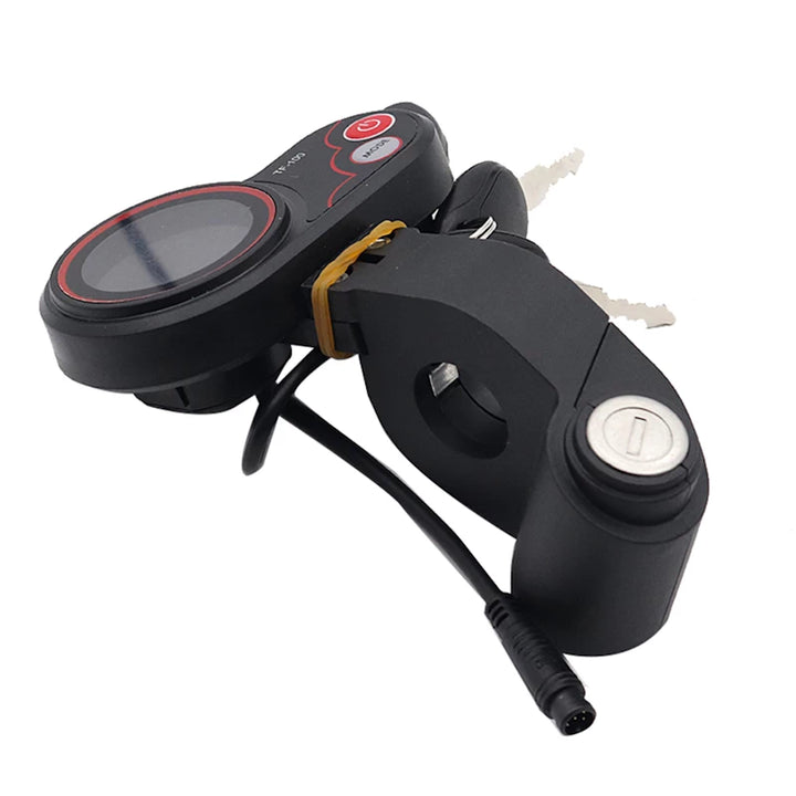Side angle of TF-100 LCD throttle showing thumb throttle lever, ignition lock, keys, and 6-pin connector cable