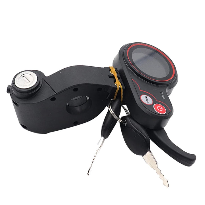 Side view of TF-100 LCD trigger throttle highlighting the key lock, trigger finger throttle, and handlebar mounting point
