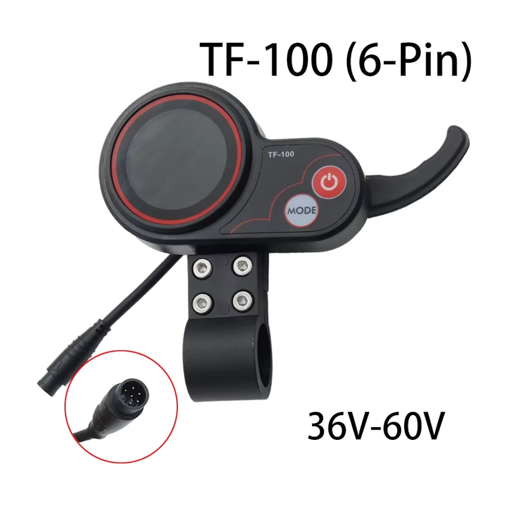 Labeled diagram of the TF-100 6-pin version, showing key features and plug type.