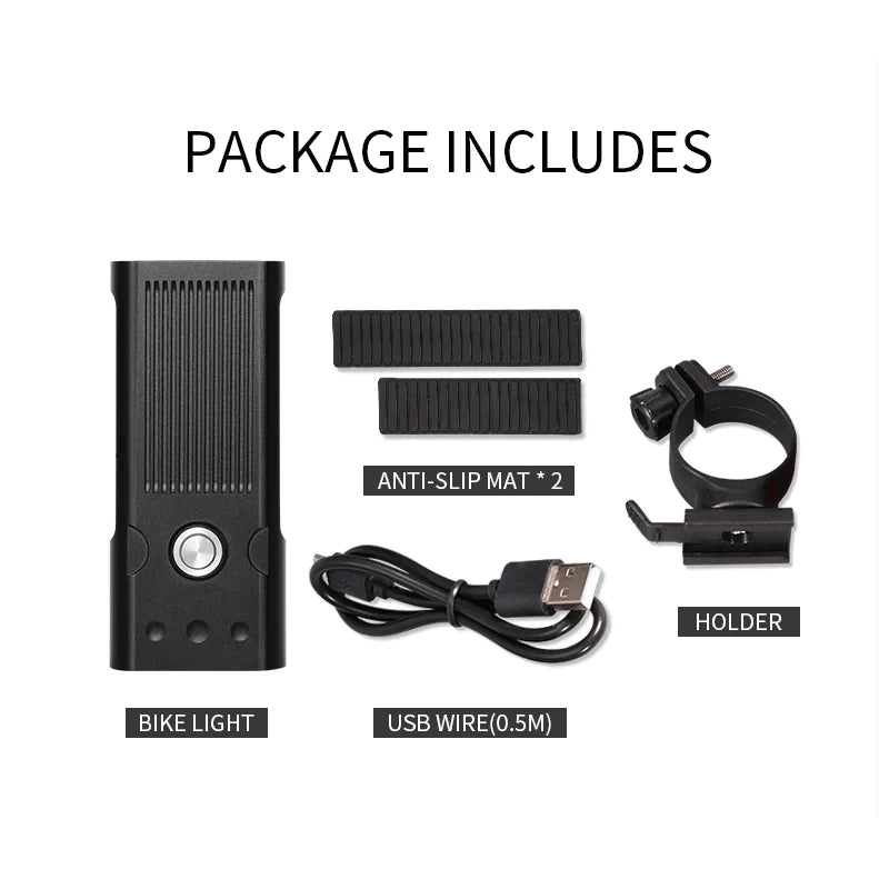 Package contents of the TRLIFE 5200mAh USB Rechargeable LED Bike Light, including the bike light, anti-slip mats, USB wire, and mount holder.