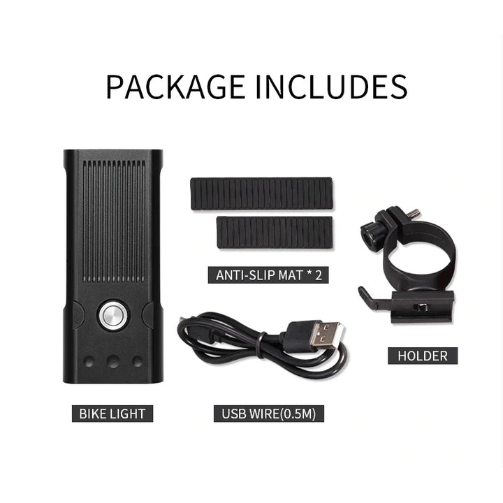 Package contents of the TRLIFE 5200mAh USB Rechargeable LED Bike Light, including the bike light, anti-slip mats, USB wire, and mount holder.