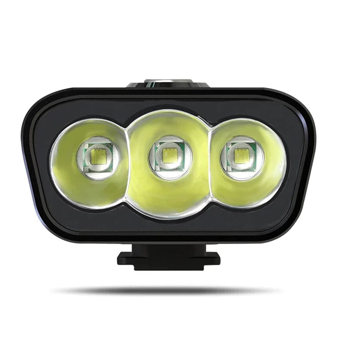 Front view of the TRLIFE 5200mAh USB Rechargeable LED Bike Light, featuring three bright T6 LED lamps for high-performance lighting.