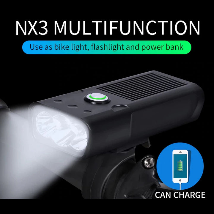 TRLIFE NX3 multifunction LED bike light, used as a bike light, flashlight, and power bank, highlighting its compact and versatile design.
