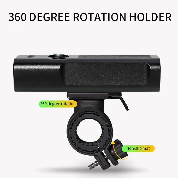 Side view of the TRLIFE 5200mAh bike light mounted on a bike, highlighting the 360-degree rotation holder for versatile lighting angles.