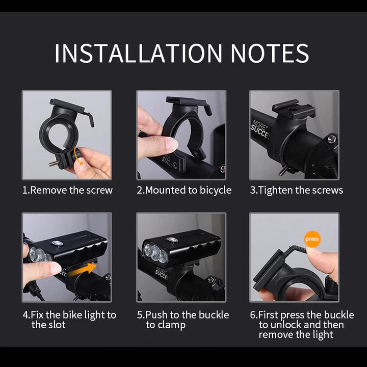 Installation instructions for the TRLIFE bike light, showing the step-by-step process of mounting it onto an e-scooter or bicycle handlebar.