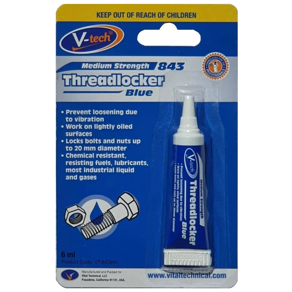 V-tech Threadlocker Blue (Medium Strength) 6ml packaging. Designed to prevent loosening due to vibration, it works on lightly oiled surfaces and locks bolts and nuts up to 20mm in diameter. Chemical resistant to fuels, lubricants, and most industrial liquids and gases.