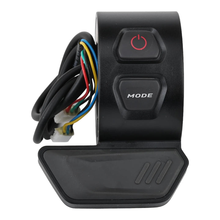 Close-up of Segway P-Series throttle with red power button and mode switch