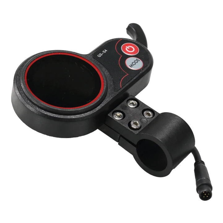 Close-up of the QS-S4 throttle's rear angle, featuring a clearly visible waterproof plug and  finger trigger.