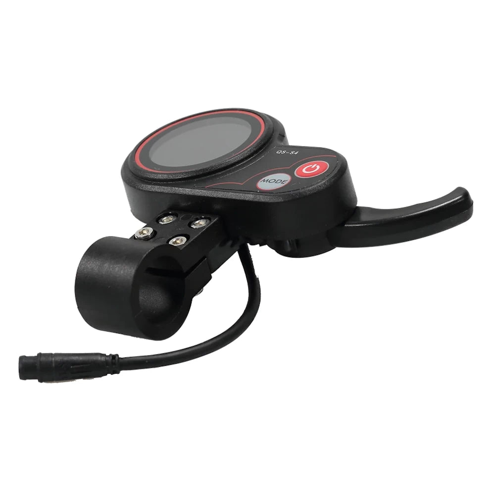 Angled side view of the QS-S4 LCD trigger throttle for electric scooters, with a red-rimmed LCD screen and easy-access control buttons.