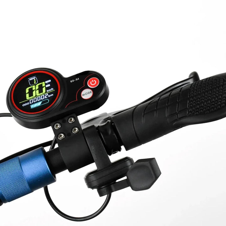 QS-S4 LCD Thumb Throttle installed on an electric scooter handlebar, ready for operation.