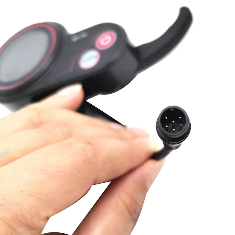 Close-up of the 6-pin male round waterproof connector on the QS-S4 LCD Thumb Throttle.