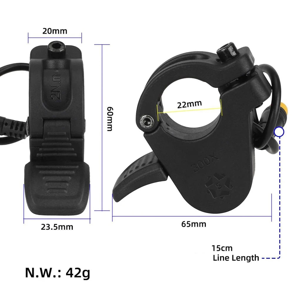 Dimensions diagram of Thumb Throttle 3-Pin Connector 22mm handlebar clamp 15cm cable