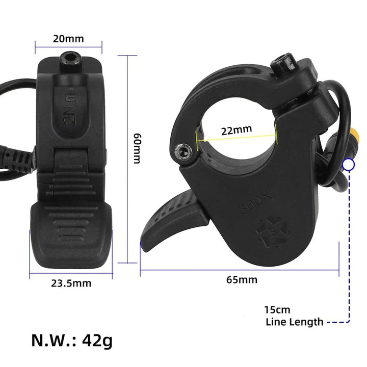 Dimensions diagram of Thumb Throttle 3-Pin Connector 22mm handlebar clamp 15cm cable