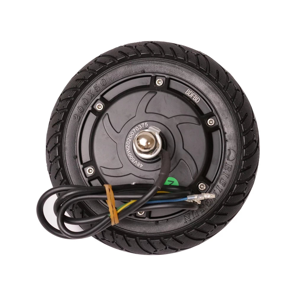 Rear view of 48V 500W brushless motor with solid tyre for EMOVE Touring electric scooter, featuring color-coded motor wires for easy installation.