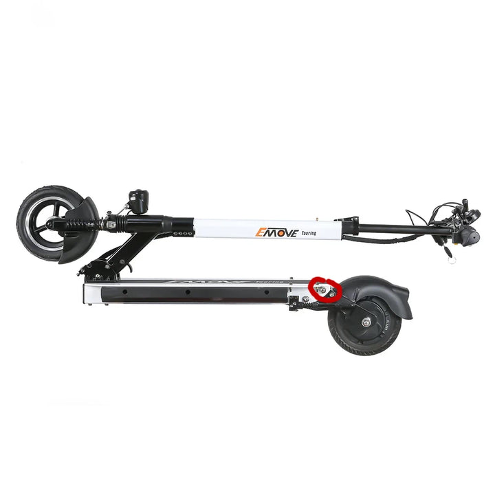 Folded EMOVE Touring scooter with a marked rear rod placement, ensuring smooth suspension support and alignment.