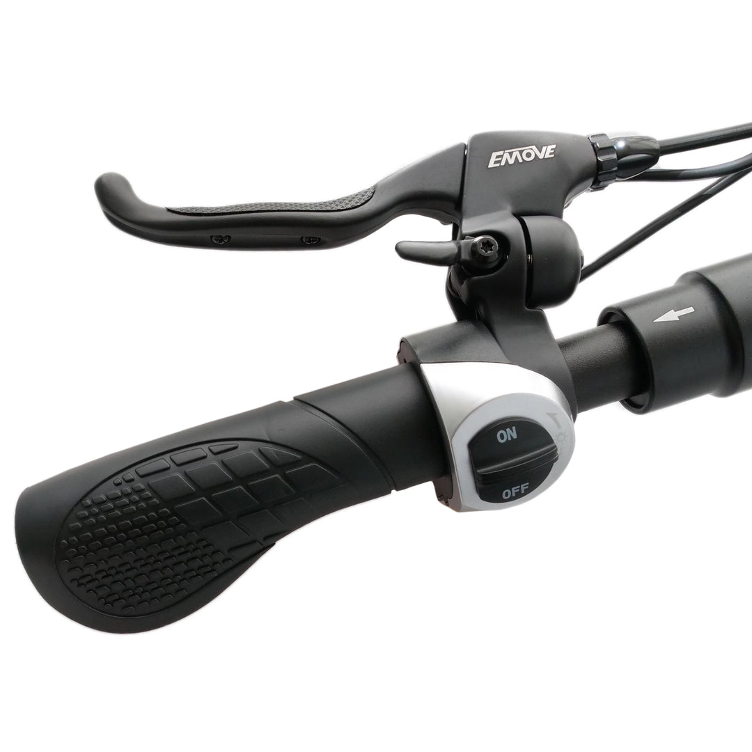 Close-up of EMOVE Touring electric scooter brake lever with built-in bell and ergonomic grip