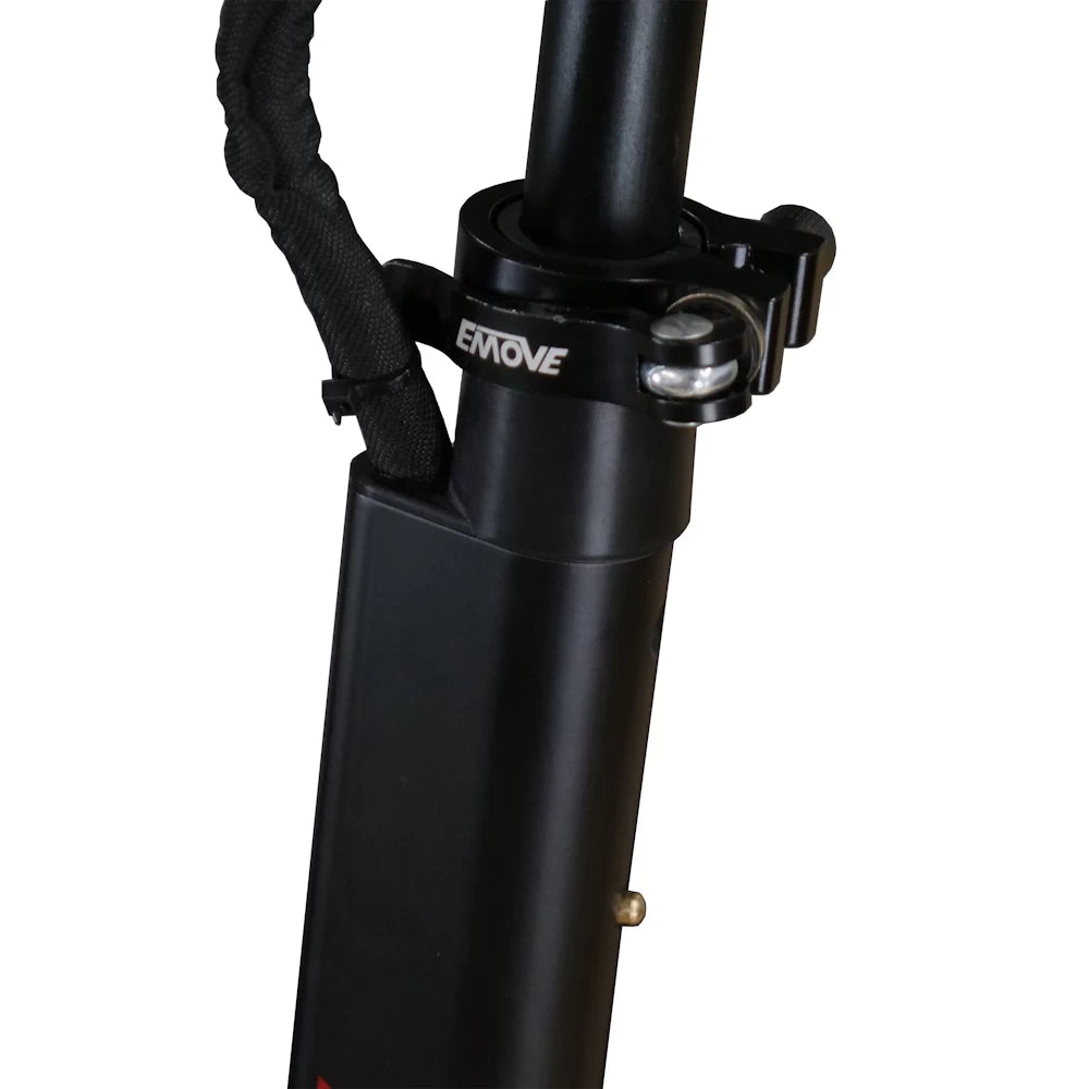 Quick-release stem clamp installed on EMOVE Touring electric scooter, securing the handlebar for safe riding.