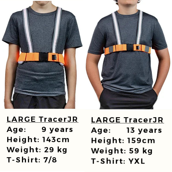 A 9 year old and 13 year old model the LARGE size TracerJR, demonstrating adjustability and design to grow with your child.