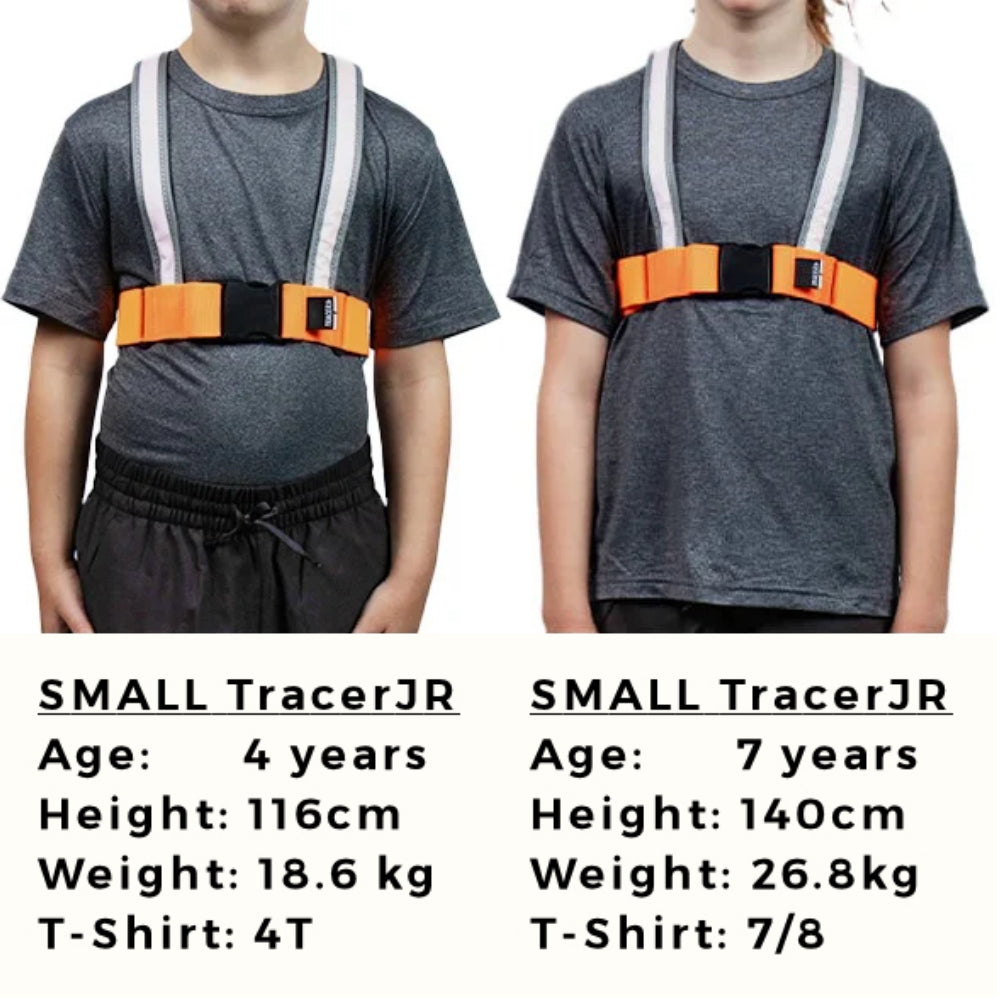 A 4 year old and 7 year old model the SMALL TracerJR, demonstrating adjustability and a design that allows for children's growth.