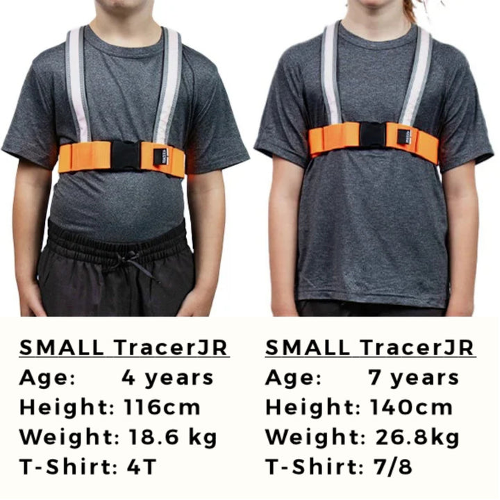 A 4 year old and 7 year old model the SMALL TracerJR, demonstrating adjustability and a design that allows for children's growth.