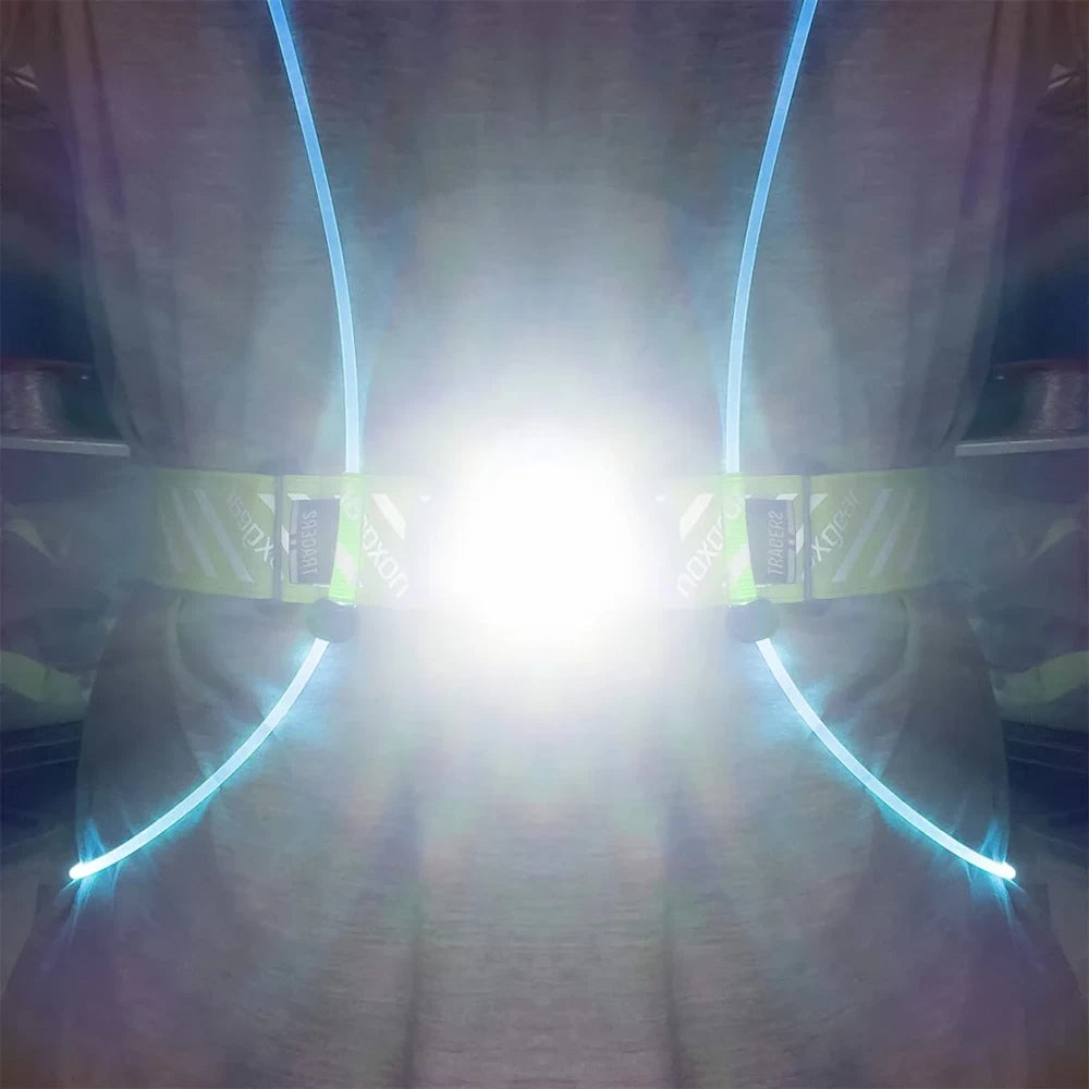 Head-on view of NoxGear Tracer Lamp at full brightness – 500 lumen flood beam on Tracer vest