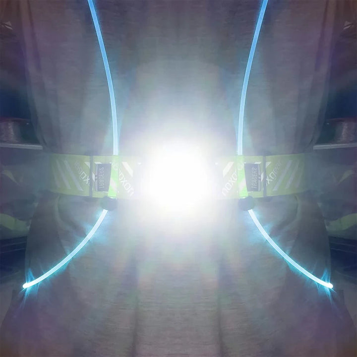 Head-on view of NoxGear Tracer Lamp at full brightness – 500 lumen flood beam on Tracer vest