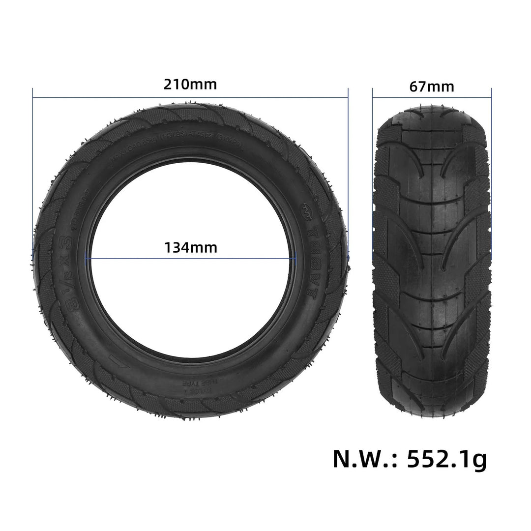 Dimensional diagram of the TUOVT 8.5x3 Outer tyre, with an outer diameter of 210mm, inner diameter 134mm and 67mm width