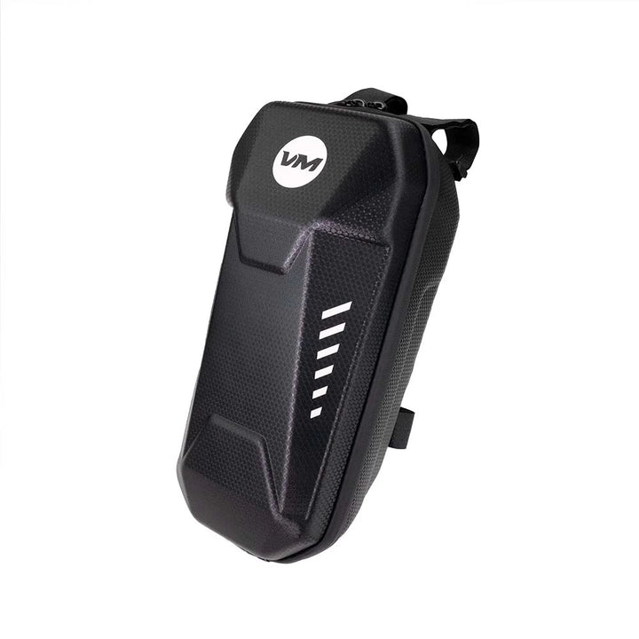 Front angled view of EVA hard-shell case, for storing items like wallets, phones, and keys. Reflective details for enhanced night visibility. Ideal for electric scooters.