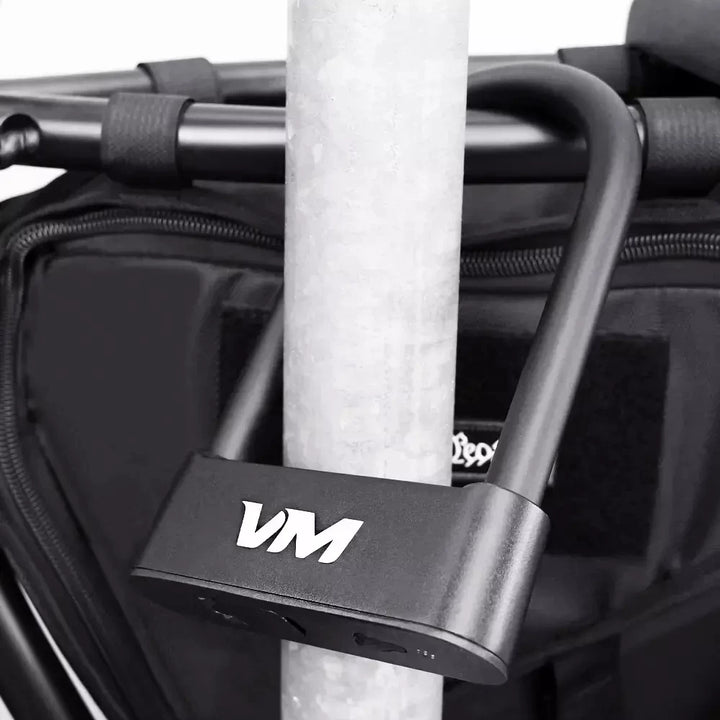 Voro Motors Fingerprint D-Lock securing an EMOVE Roadrunner to a pole, for enhanced security.