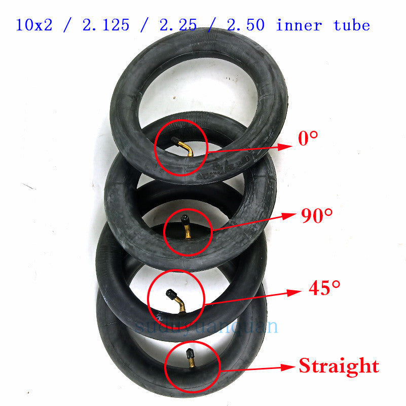 various 10 inch inner tubes  with different valve stem angles for inner tubes: straight valve, and bent valves with 90, 45, and 0 degrees bends.