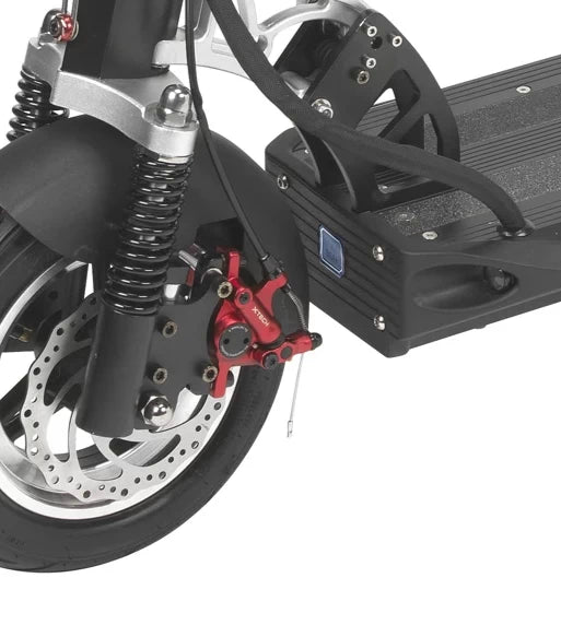 Xtech Zoom HB-100 red brake calliper installed on the front wheel of a black EMOVE Cruiser electric scooter, providing strong braking performance.