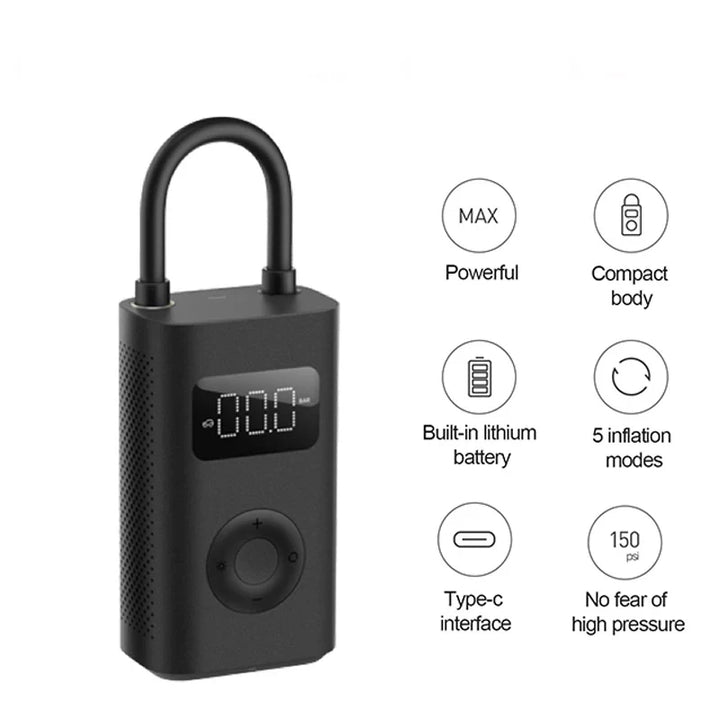 Features of the Xiaomi 1S Digital Air Pump, including 5 inflation modes, USB-C charging interface and 150psi maximum pressure.