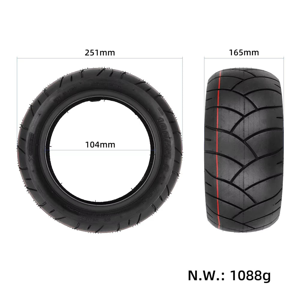 Dimensional diagram of Xuancheng 100/55-6.5 Tubeless tyre, with 251mm outer diameter, 165mm tread width, and 104mm inner diameter.
