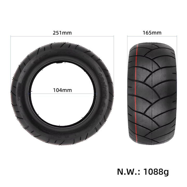 Dimensional diagram of Xuancheng 100/55-6.5 Tubeless tyre, with 251mm outer diameter, 165mm tread width, and 104mm inner diameter.