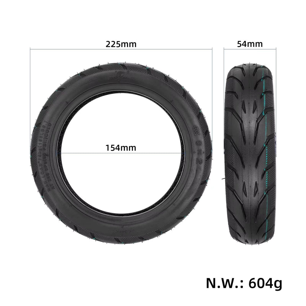 Yuanxing 9×2 self-healing tubeless tyre showing dimensions for electric scooters.