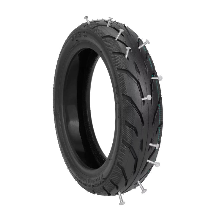 Yuanxing 9×2 puncture-resistant self-healing tubeless tyre with nail penetration demonstration.