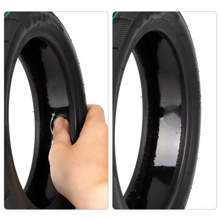 Demonstration of the internal self-healing gel layer in the Yuanxing 9×2 tubeless tyre sealing punctures.