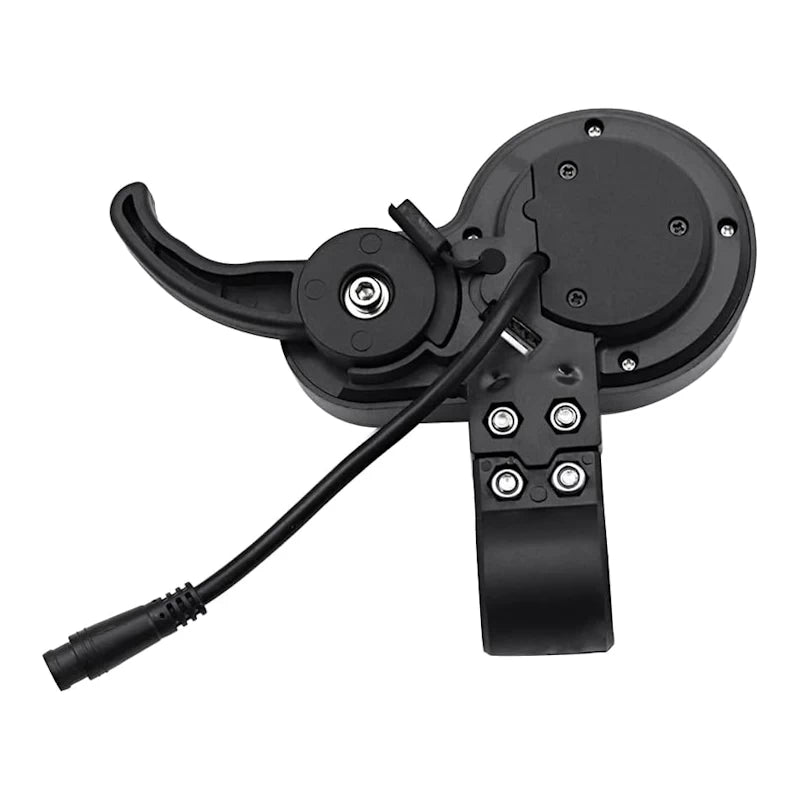 Rear view of the ZQ-100 Trigger Throttle Display for electric scooters with 6-Pin Julet Plug and handlebar mounting bracket.
