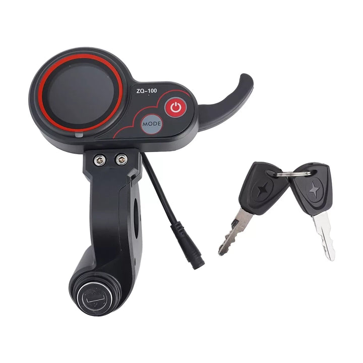 ZQ-100 Throttle Display with lock key ignition and two keys for electric scooters (front view with keys)